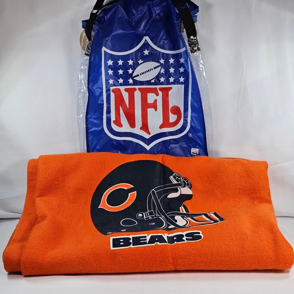 Vintage New Chicago Bears NFL Stadium Blanket Orange Fleece Made in USA with Bag